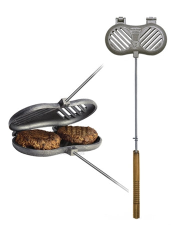 Rome Industries 1525 Cast Iron Double Burger Griller will grill two burgers at the same time. Forget about using that rusty old grill at the campfire, hold this cast iron grill over the fire or place it on the grill to ensure safe and sanitary cooking.