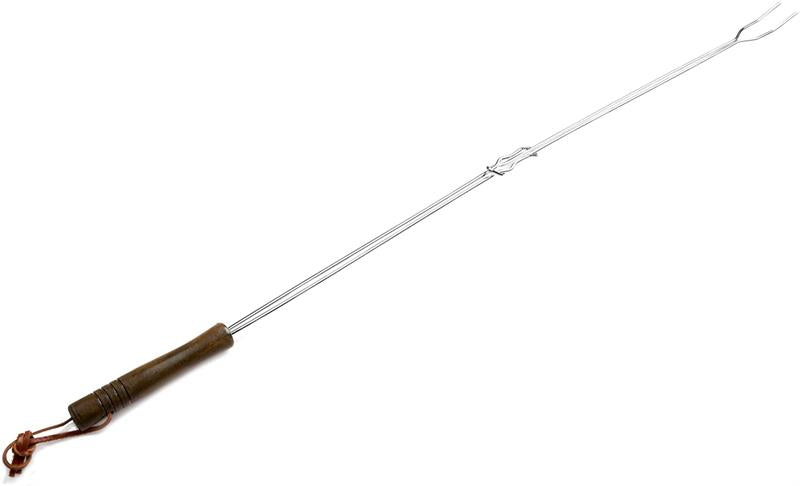 Marshmallow extension fork extends from 21" x 32". The expanding fork makes it easy to store for car camping or a cookout at a local park. Made from chromeplated steel with wood handle and leather hanging strap. Designed and made by Rome.