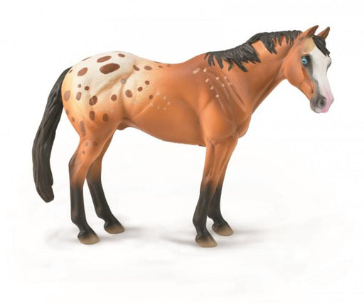 Standing horse toy figurine, light brown Appaloosa horse stallion with with snowflake blanket coat pattern, blue eye, and black mane and tail.
