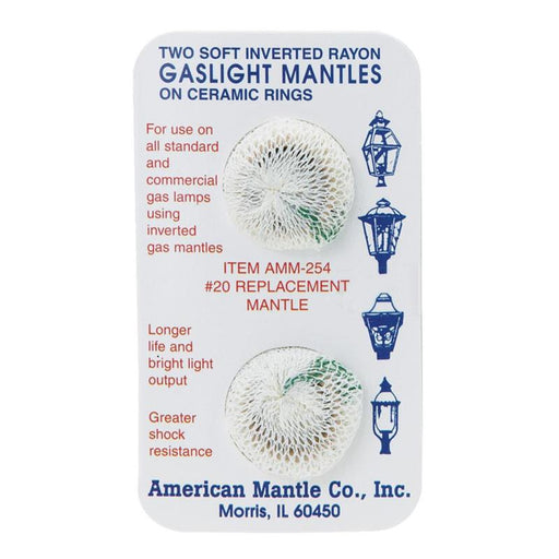 Soft on-ring inverted mantle with ceramic support. For use in standard gaslights that do not require pre-shaped mantles. High-quality shock resistance. 2 per package. Made in India. Direct replacement for Aladdin Lamps #57114 which has been discontinued.