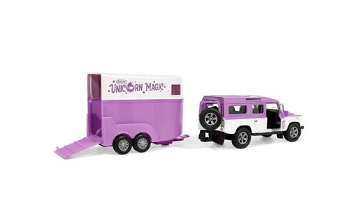 An enchanting vehicle powered by unicorn magic, the Unicorn Land Rover & Tag-A-Long Trailer features working front doors and rolling wheels.