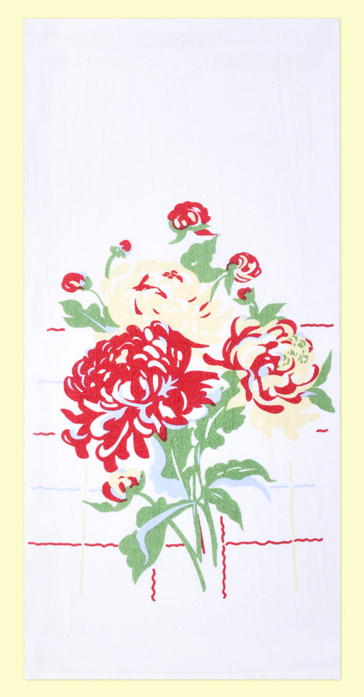 Red and White Kitchen Retro Peonies Flour Sack Towel 100% Cotton