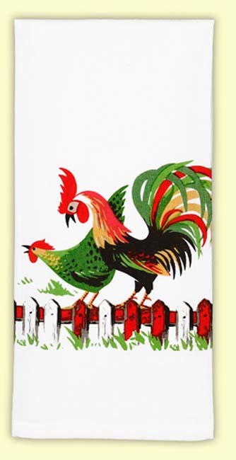 Outspoken little hen and her proud husband! This vintage print of a country hen and her colorful rooster mate are sure to brighten up any country kitchen. 100% cotton flour sack towel measures 17" x 24". Brand New with Tags.