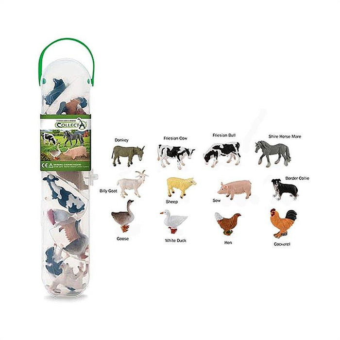 CollectA Farm Animals Set #A1110 - 12 Piece Set The CollectA Mini Farm Animals Tube includes 12 mini CollectA farm animal figurines. Featuring the Donkey, Friesian Cow, Friesian Bull, Shire Horse Mare, Billy Goat, Sheep, Sow, Border Collie, Goose, White