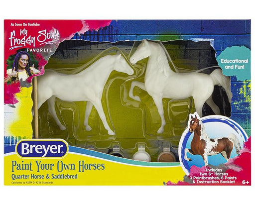 Paints, brushes, and a detailed "how-to" booklet can help you paint these two 6" model horses to look like your favorite horse. All that's needed is the touch of a young artist!