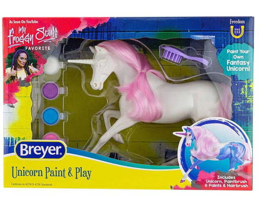 Painting is a beloved activity by Breyer fans of all ages, and now theres a unicorn theyll want to add to their herd! This fun kit includes everything needed to paint a colorful unicorn: 1 unpainted unicorn, 1 paintbrush, 6 paint pots, and 1 hairbrush.