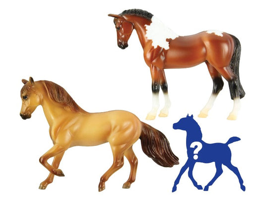 The Radiant Hills Family comes complete with a mare, a stallion, and a foal, of course! This family includes a red dun Paso Fino mare and a bay tobiano Paint stallion. You'll meet the new foal when you open your package!