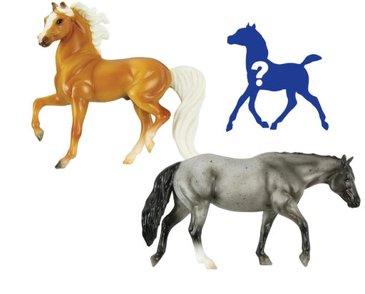 The Sunset Ridge Family comes complete with a mare, a stallion, and a foal, of course! This family includes a blue roan Quarter Horse mare and a palomino Morgan stallion.