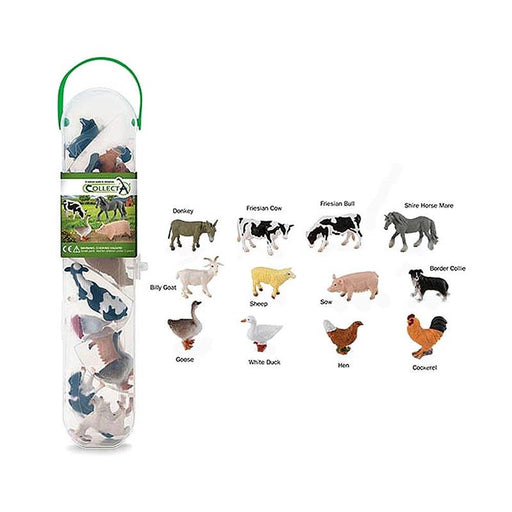 CollectA Farm Animals Set #A1110 - 12 Piece Set  The CollectA Mini Farm Animals Tube includes 12 mini CollectA farm animal figurines. Featuring the Donkey, Friesian Cow, Friesian Bull, Shire Horse Mare, Billy Goat, Sheep, Sow, Border Collie, Goose, White 