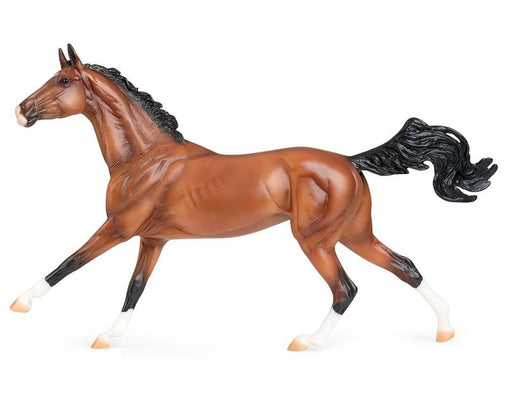 Cantering Bay Model Horse Stallion with white socks, black mane and tail