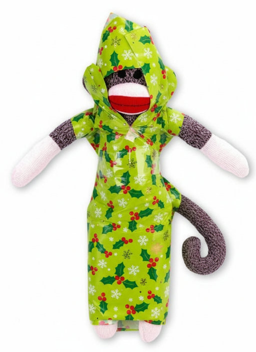 Classic sock monkey wrapped in holiday paper