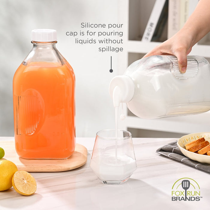 Fox Run Glass Milk Bottles with Silicone Lids – 64 oz, Set of 2