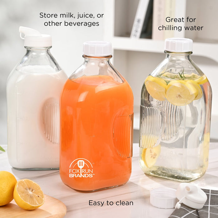 Fox Run Glass Milk Bottles with Silicone Lids – 64 oz, Set of 2