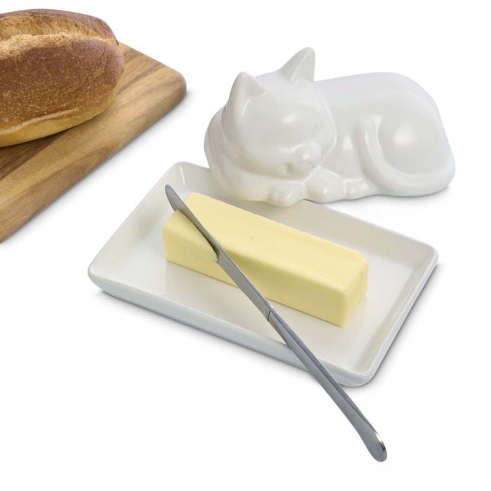 HIC Kitchen Porcelain Cat Butter Dish with Lid