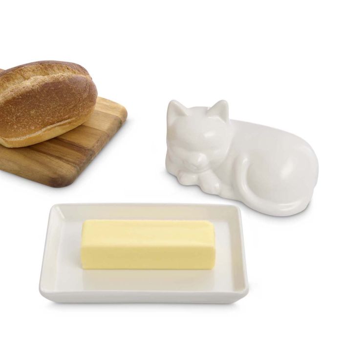 HIC Kitchen Porcelain Cat Butter Dish with Lid