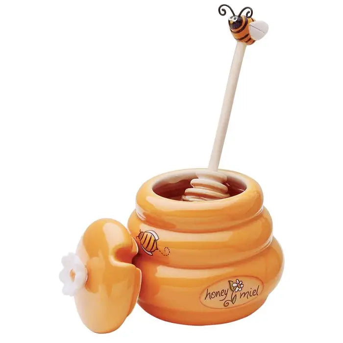 Mini Honey Jar with Dipper - Ceramic Yellow Honey Pot and Wood Dipper