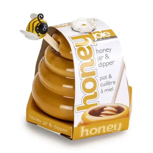 Mini Honey Jar with Dipper - Ceramic Yellow Honey Pot and Wood Dipper