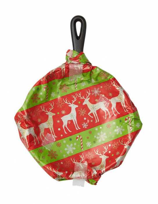 Lodge cast iron skillet wrapped in holiday paper