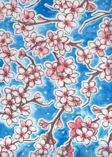 Fuji Cherry Blossom on Blue Oilcloth Fabric Full Bolt - 12 Continuous Yards, 47.5" Wide