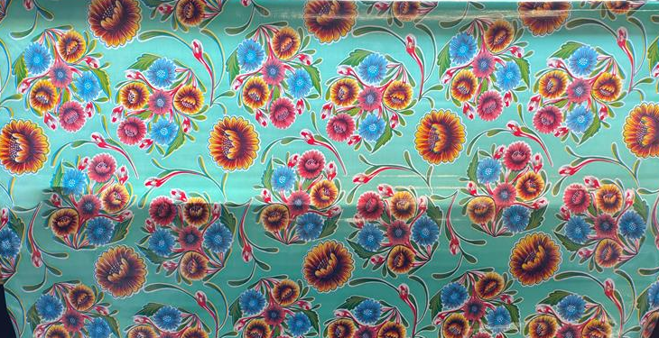 Blooms on Aqua Green Oilcloth Fabric by the Yard - 47.5" Wide