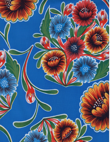 Blooms on Bright Blue Oilcloth Fabric Full Bolt - 12 Continuous Yards, 47.5" Wide