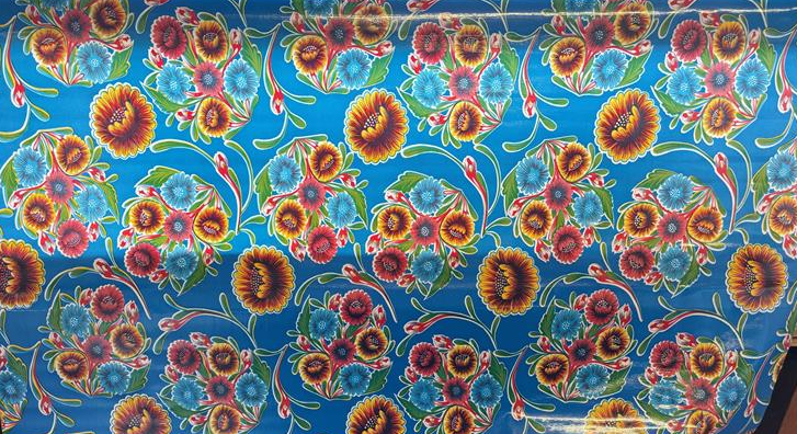 Blooms on Bright Blue Oilcloth Fabric Full Bolt - 12 Continuous Yards, 47.5" Wide