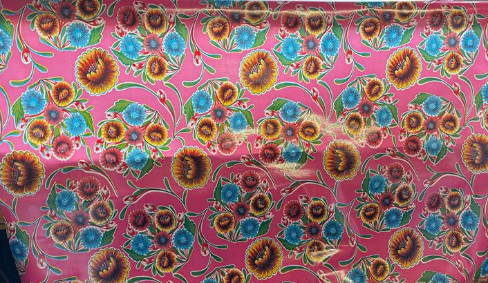 Blooms on Pink Oilcloth Fabric Full Bolt - 12 Continuous Yards, 47.5" Wide