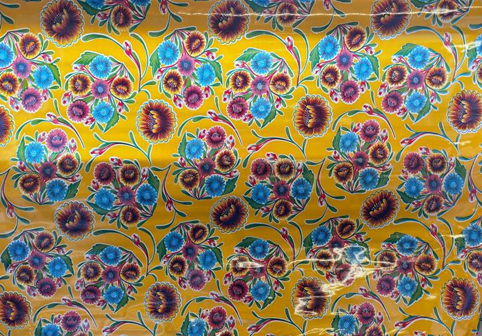 Blooms on Yellow Oilcloth Fabric by the Yard - 47.5" Wide