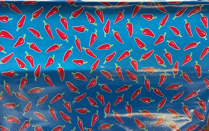 Chilis Red on Blue Oilcloth Fabric by the Yard - 47.5" Wide