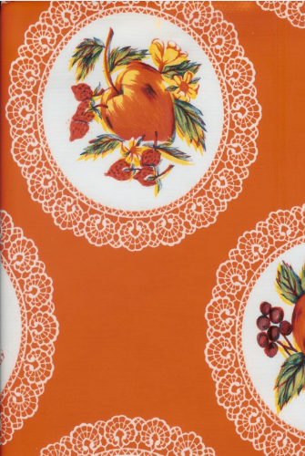 Doily with Fruit on Orange Oilcloth Fabric Full Bolt - 12 Continuous Yards, 47.5" Wide