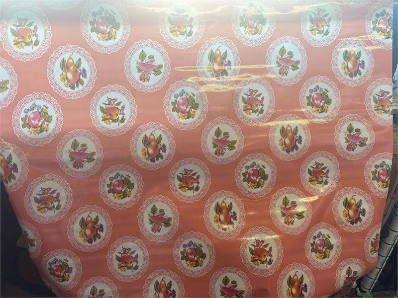 Doily with Fruit on Salmon Pink Oilcloth Fabric Full Bolt - 12 Continuous Yards, 47.5" Wide