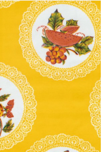 Doily with Fruit on Yellow Oilcloth Fabric Full Bolt - 12 Continuous Yards, 47.5" Wide