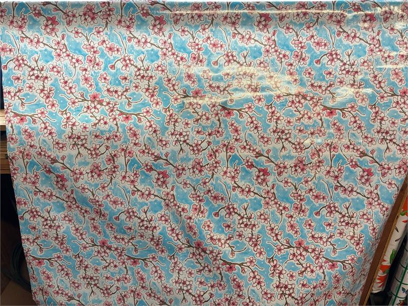 Fuji Cherry Blossom on Aqua Oilcloth Fabric Full Bolt - 12 Continuous Yards, 47.5" Wide
