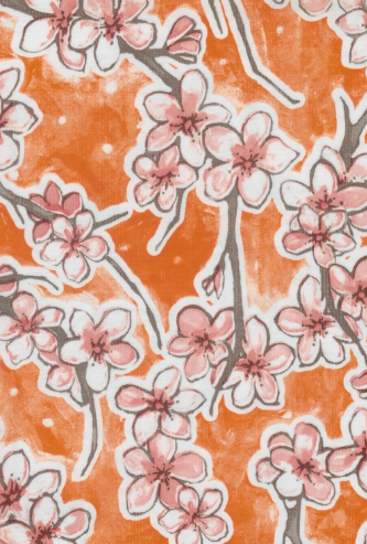 Fuji Cherry Blossom on Orange Oilcloth Fabric Full Bolt - 12 Continuous Yards, 47.5" Wide