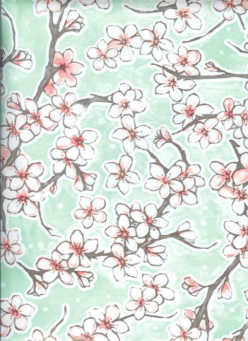 Fuji Cherry Blossom on Seafoam Green Oilcloth Fabric Full Bolt - 12 Continuous Yards, 47.5" Wide