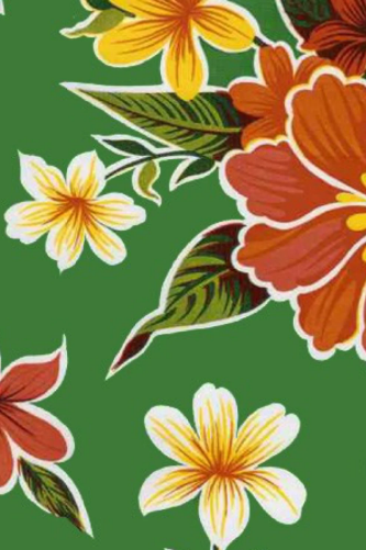 Hibiscus on Green Oilcloth Fabric by the Yard - 47.5" Wide