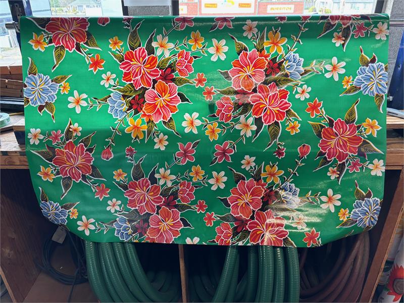 Hibiscus on Green Oilcloth Fabric by the Yard - 47.5" Wide