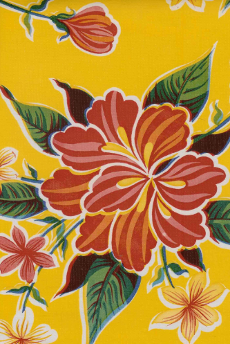 Hibiscus on Yellow Oilcloth Fabric Full Bolt - 12 Continuous Yards, 47.5" Wide