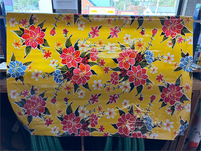 Hibiscus on Yellow Oilcloth Fabric Full Bolt - 12 Continuous Yards, 47.5" Wide