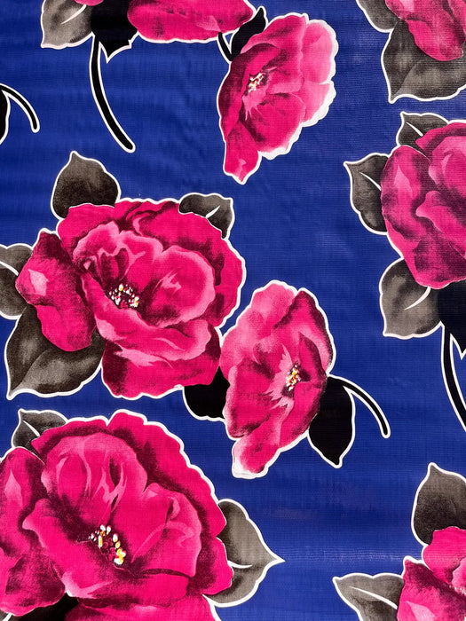 Iceland Fuchsia on Blue Oilcloth Fabric by the Yard, 47.5" Wide