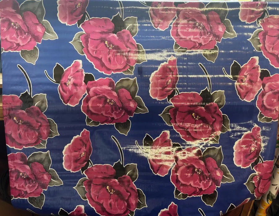Iceland Fuchsia on Blue Oilcloth Fabric by the Yard, 47.5" Wide