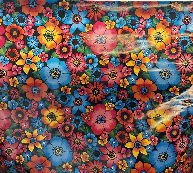 London Floral on Black Oilcloth Fabric by the Yard - 47.5" Wide