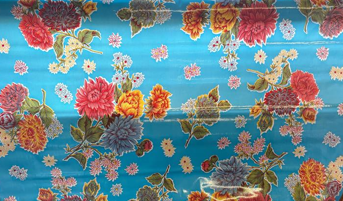 Mums on Light Blue Oilcloth Fabric by the Yard - 47.5" Wide