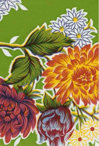 Mums on Green Oilcloth Fabric Full Bolt - 12 Continuous Yards, 47.5" Wide