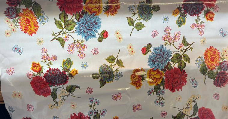 Mums on White Oilcloth Fabric by the Yard - 47.5" Wide