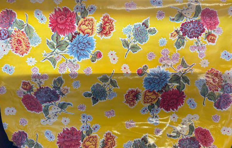 Mums on Yellow Oilcloth Fabric Full Bolt - 12 Continuous Yards, 47.5" Wide