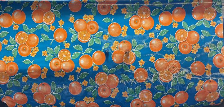 Oranges on Blue Oilcloth Fabric by the Yard - 47.5" Wide