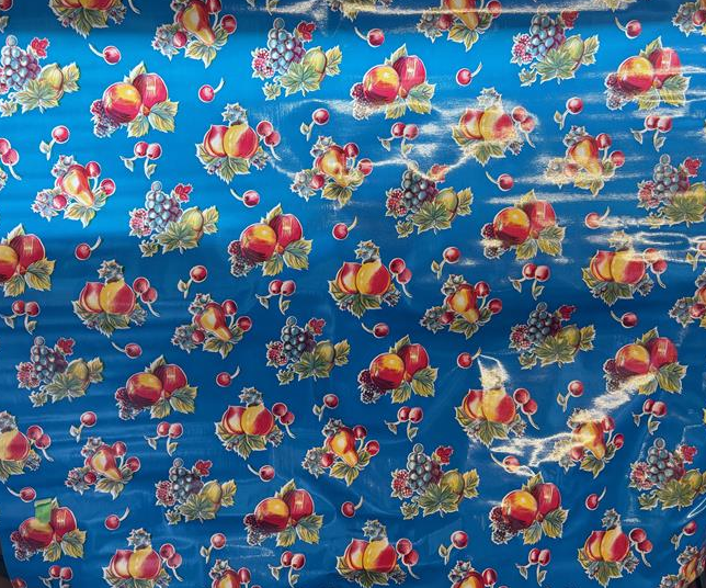 Pears and Apples on Blue Oilcloth Fabric Full Bolt - 12 Continuous Yards, 47.5" Wide
