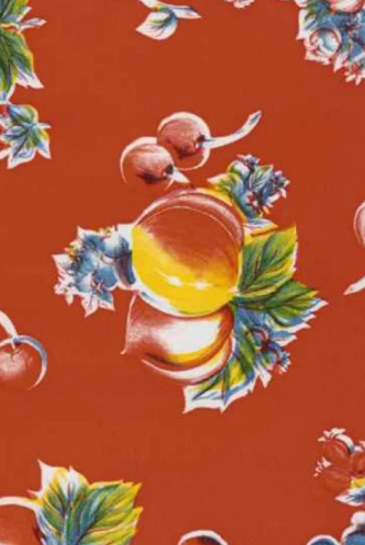 Pears and Apples on Red Oilcloth Fabric Full Bolt - 12 Continuous Yards, 47.5" Wide