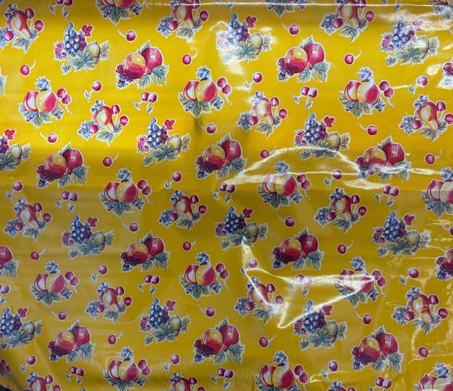 Pears and Apples on Yellow Oilcloth Fabric Full Bolt - 12 Continuous Yards, 47.5" Wide